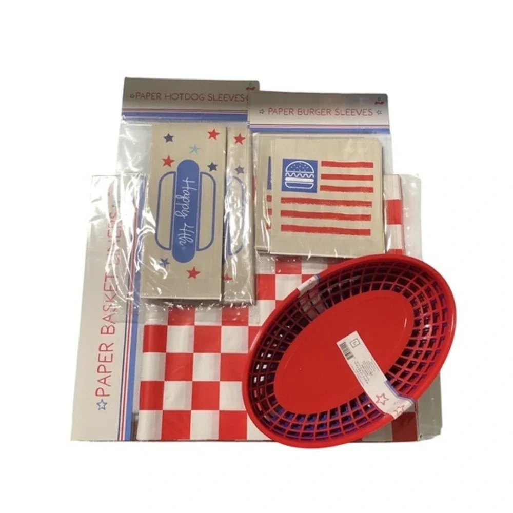 4th of July BBQ Party Set 48 pc Baskets‎ Liners Hot Dog Burger Sleeves Patriotic